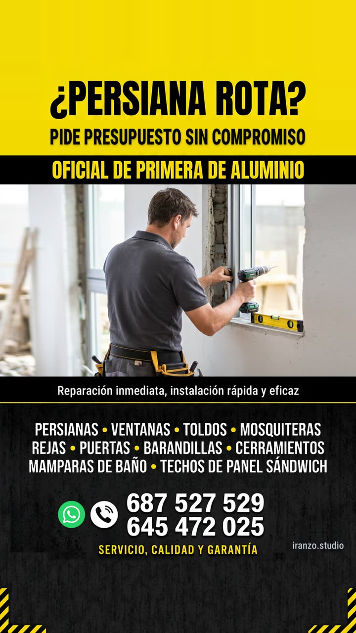 Cartel para un oficial de primera de aluminio con sus trabajos, teléfono y WhatsApp y «Pide presupuesto sin compromiso»