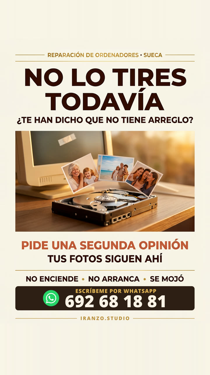 Cartel de reparación de ordenadores con WhatsApp y la marca iranzo.studio