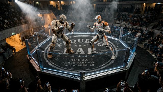 Combate de robots con el escudo del bar en la lona
