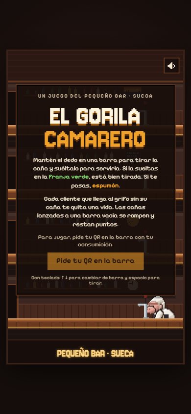 Portada del juego El Gorila Camarero en un móvil: instrucciones y el botón Pide tu QR en la barra