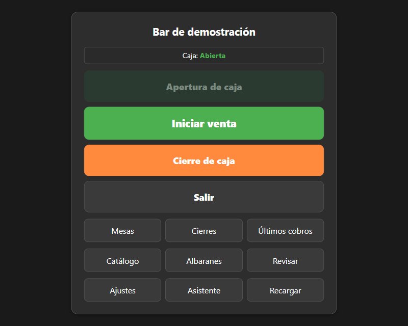 La TPV de El Pequeño Bar: pantalla de inicio con todas sus opciones (datos de prueba)